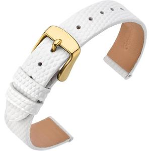 ANNEFIT Women's Leather Watch Band 12mm Lizard Grain Slim Thin Replacement Strap White/Gold Buckle