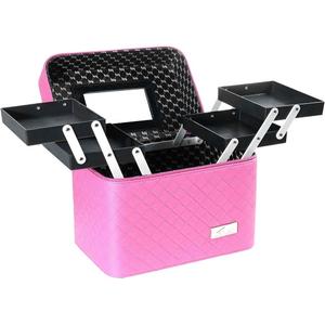 Sooyee Makeup Bag Cosmetic Bag with Mirror, 4 Layer Foldable Tray Makeup Organizer Open to the Sides, Makeup Travel Bag for Women, Train Case, Pink