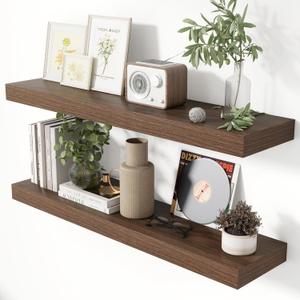 Heimlove 36 Inch Floating Shelves for Wall 8 Inch Deep Walnut Shelves Set of 2,Wall Mounted Rustic Wood Long Floating Shelf with Invisible Brackets for Bedroom Kitchen Living Room