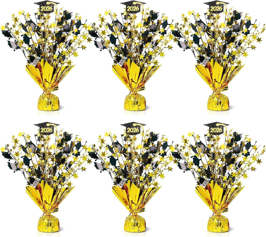 6 Pcs Graduation Table Centerpieces, Black and Gold Graduation Table Decorations Metallic Foil Spray Grad Tabletop Centerpiece Star Burst Glitter Graduate Cap Class of 2026 Graduation Party Supplies