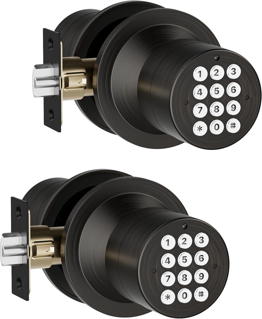 Door Knob with Keypad, Keyless Entry Door Lock, Front Door Knob Child Proof, Auto Lock, Easy Installation for Home, Office, Apartment, Garage Security, Oil Rubbed Bronze 2 Pack