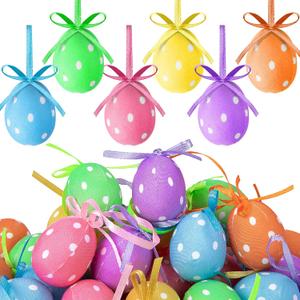 30 Pcs Mini Fabric Wrapped Easter Eggs Hanging Ornaments with Bow - Dots Decorations for Party, Birthday, Home, Garden