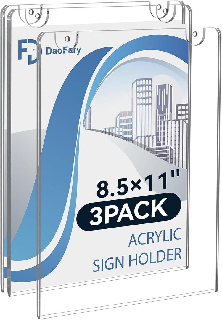 Daofary Wall Mount Acrylic Sign Holder 8.5'' x 11'', Clear Plexi Door Sign Holder Document Holder Plastic Picture Frames with All Mounting Accessories No Tape (3 Pack)