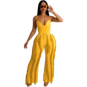PRIVIMIX Women 2 Piece Outfits Fringe Tassel Long Pants Set Adjustable Suspenders Bodysuit Spaghetti Strap Clubwear Jumpsuits (Small, Yellow)
