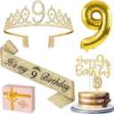 9th Birthday Decorations for Girl Gold with 9th Birthday Sash and Tiara, Candles and Cake Topper, Number Balloons, 9 Year Old Gifts for Girls