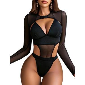 Avidlove Rave Outfits for Women Festival Sexy Lingerie Bodysuit Buckle Shrug Crop Top Set, Medium
