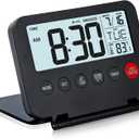 KANBIT Small Digital Travel Alarm Clock, Large LCD Display Front Button with Date & Temperature, Snooze and 8 Seconds Backlight AAA Battery Operated Desk Clock for Home & Office, Black