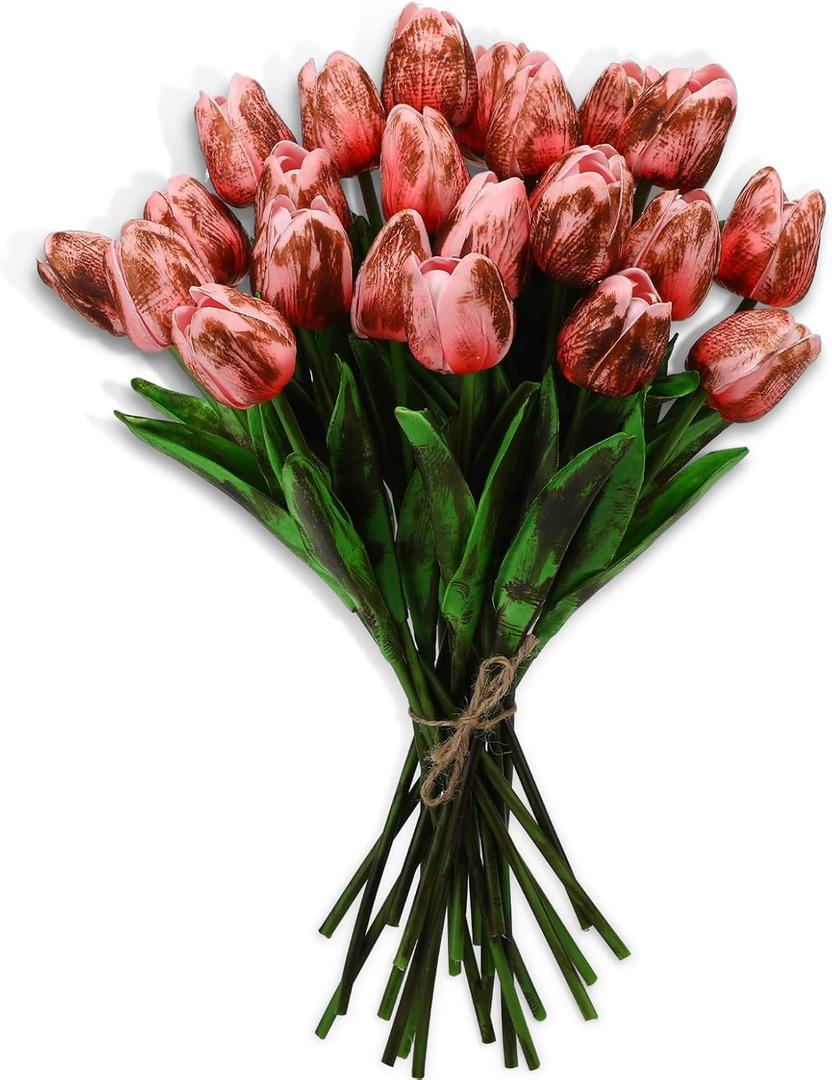 Canlierr 24 Pcs Artificial Faux Tulips Set Fake Real to Touch Tulip Flowers Decor Primitive Grungy Country Bouquet for Spring Vintage Rustic Table Centerpiece(Pink)