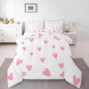 Feelyou Girls Cute Love Heart Comforter Set Kids Lovely Warm Sweet Comforter Love Heart Pattern Bedding Set Breathable Valentine's Day Pink Duvet Set Room Decor Quilt Set Full Size (Multi 12)