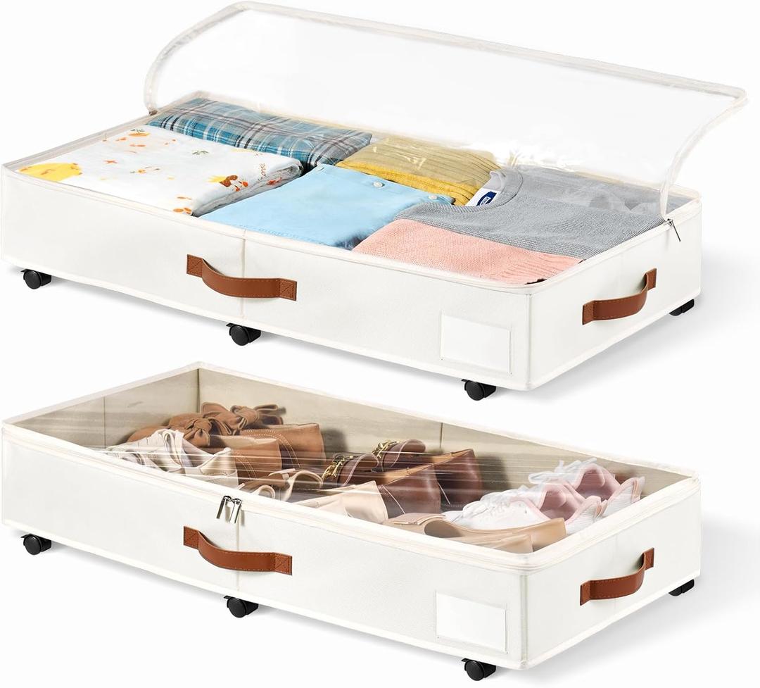 6 Inches Under Bed Storage with Wheels Pack of 2, Underbed Shoe Storage Container Bin with Clear Lid Cover, Rolling Under Bed Drawer Storage Bag Basket for Shoe Organizer Sheet Sweater - White
