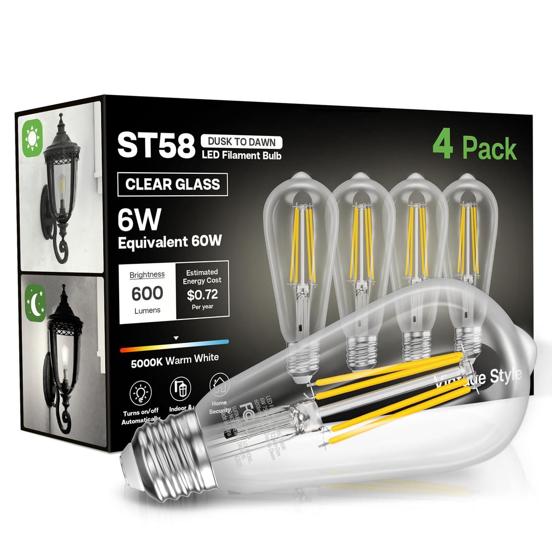 Dusk to Dawn Light Bulbs, 6W Equivalent 60W, Cool White 5000K, E26 Base, Light Sensing, ST58 Vintage Style, 600LM, Outdoor Edison Bulbs, Automatic Light Bulbs for Porch Patio Garage, 3 Pack