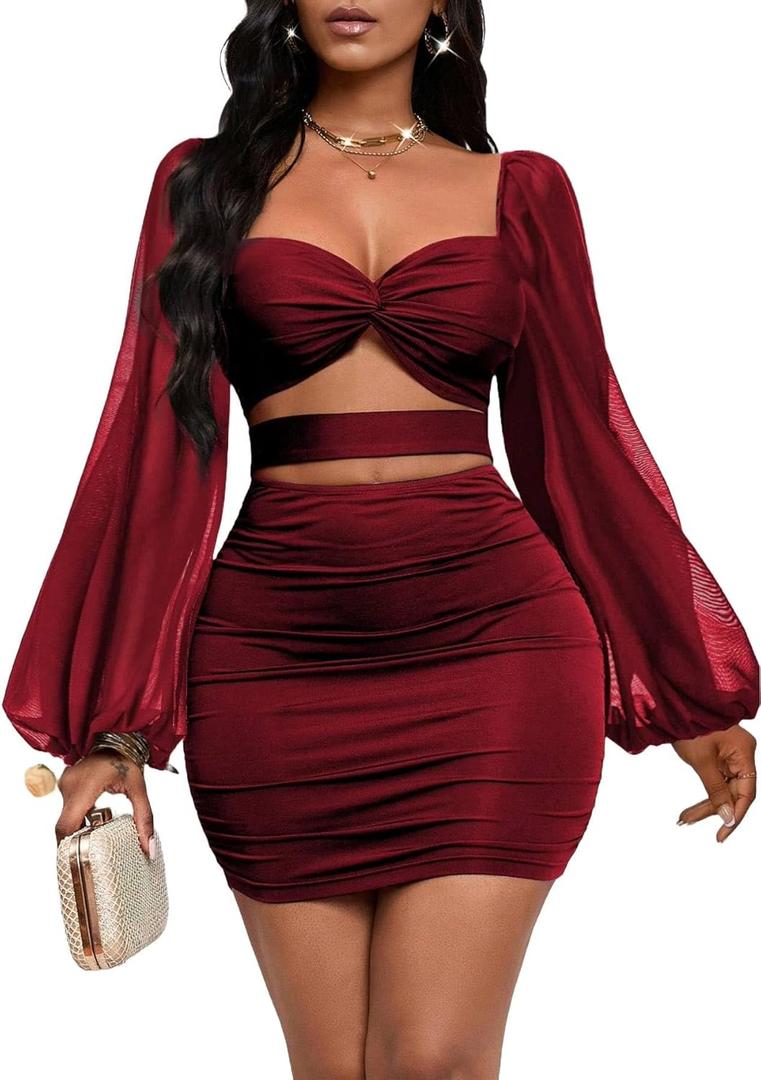 GothDark Womens Sexy Mesh Dress Bodycon Cut Out Puff Sleeve Ruched Party Club Homecoming Mini Dresses (Medium, Red)