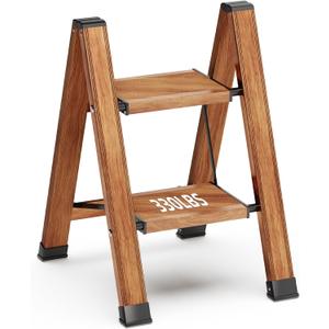 2 Step Ladder Folding Step Stool with Anti-Slip Sturdy and Wide Pedal, Lightweight 330lbs Portable Aluminum Woodgrain Shelf for Household and Kitchen Space Saving