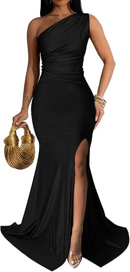 Memoriesea Women's Sexy One Shoulder Ruched High Split Evening Maxi Formal Dress, M