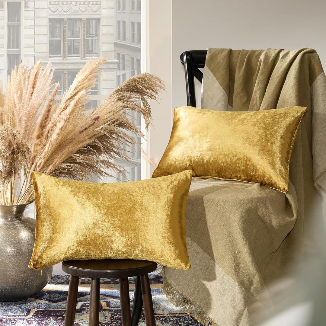 GIGIZAZA Gold Velvet Decorative Throw Pillow Covers for Sofa Bed 2 Pack Soft Cushion Cover 12x20
