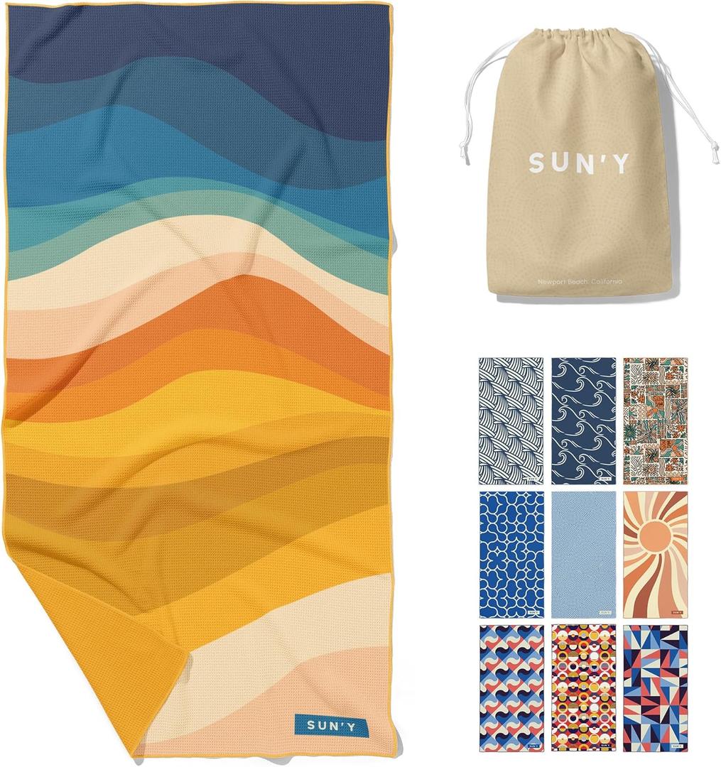 SUN'Y Waffle Microfiber Beach Towel  Sand Free, Quick Dry, Ultra Absorbent, Lightweight & Compact Travel Towel with Carry Bag - Large (63 x 31.5), Boho