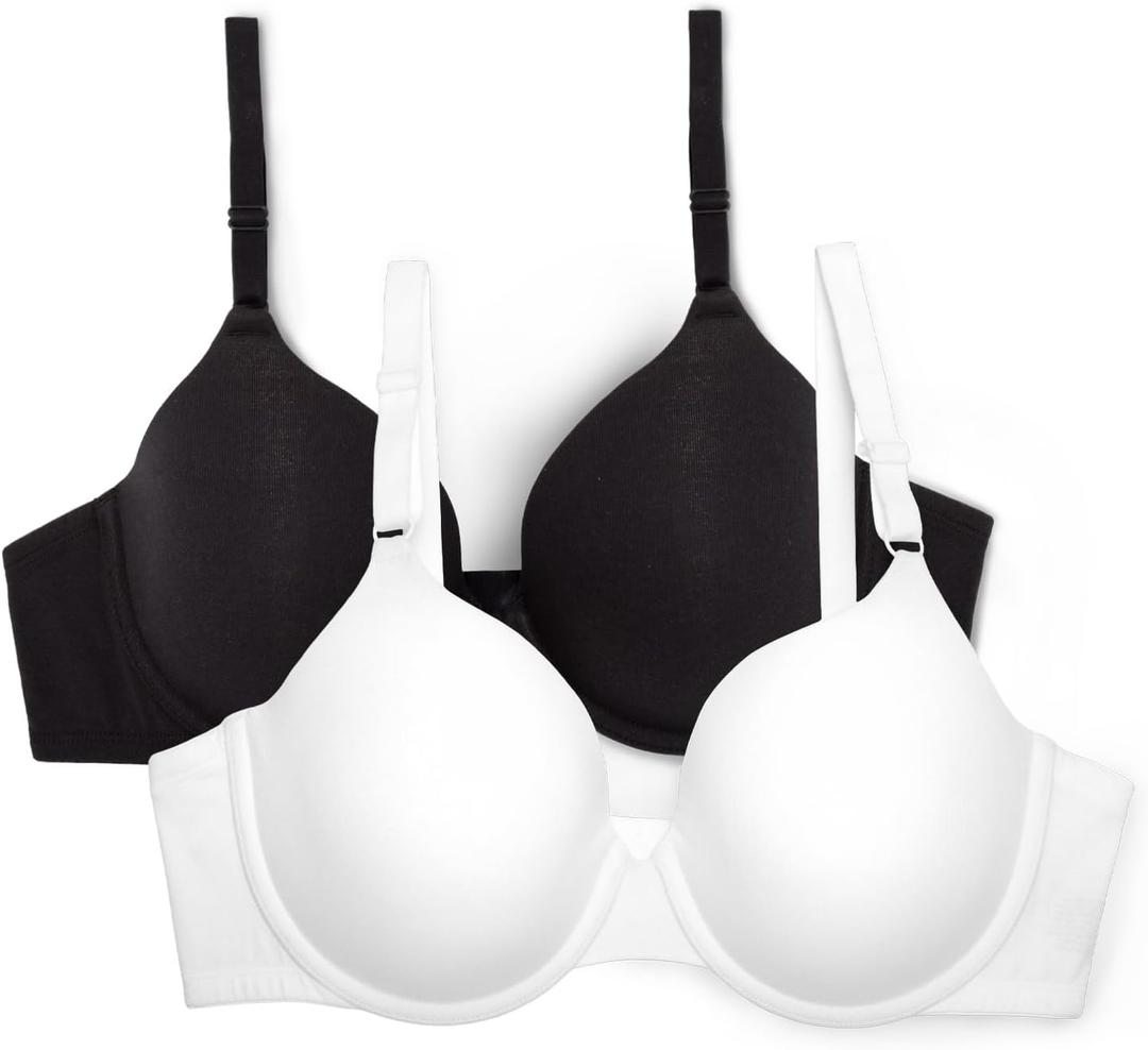Fruit of the Loom Women's Smooth Cotton T-Shirt Bra Pack - Ultra-Soft, Flexible, and Invisible Under Tees (38B, White/Black Hue)
