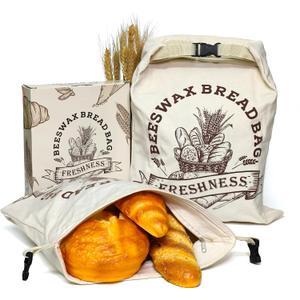 2 Pack Reusable Beeswax Bread Bags for Sourdough & Homemade Bread - XL Organic Cotton with Zipper & Snap Closure Freezer-Friendly Freshness Preservation
