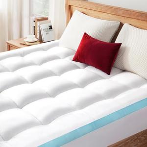 STWIENER Queen Mattress Topper, Pillow Top Mattress Topper for Back Pain Relief, Extra Thick Mattress Pad Deep Pockets for 8"-21", Soft Down Alternative Fill Mattress Protector, Blue Stripe