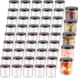 Mifoci 50 Pcs Clear Plastic Jars Containers 16 oz Reusable Empty Storage Jars with Lid for Kitchen Spices Dry Food Body Butter, Black and Brown
