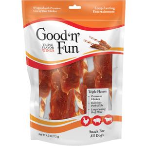 3 x Good n Fun Triple Flavor Wings Chews for All Dogs, Treat Your Dog to Long-Lasting Chews Made with Chicken, Pork Hide and Beef Hide, , 4 Ounces (EXP 05/24/28)