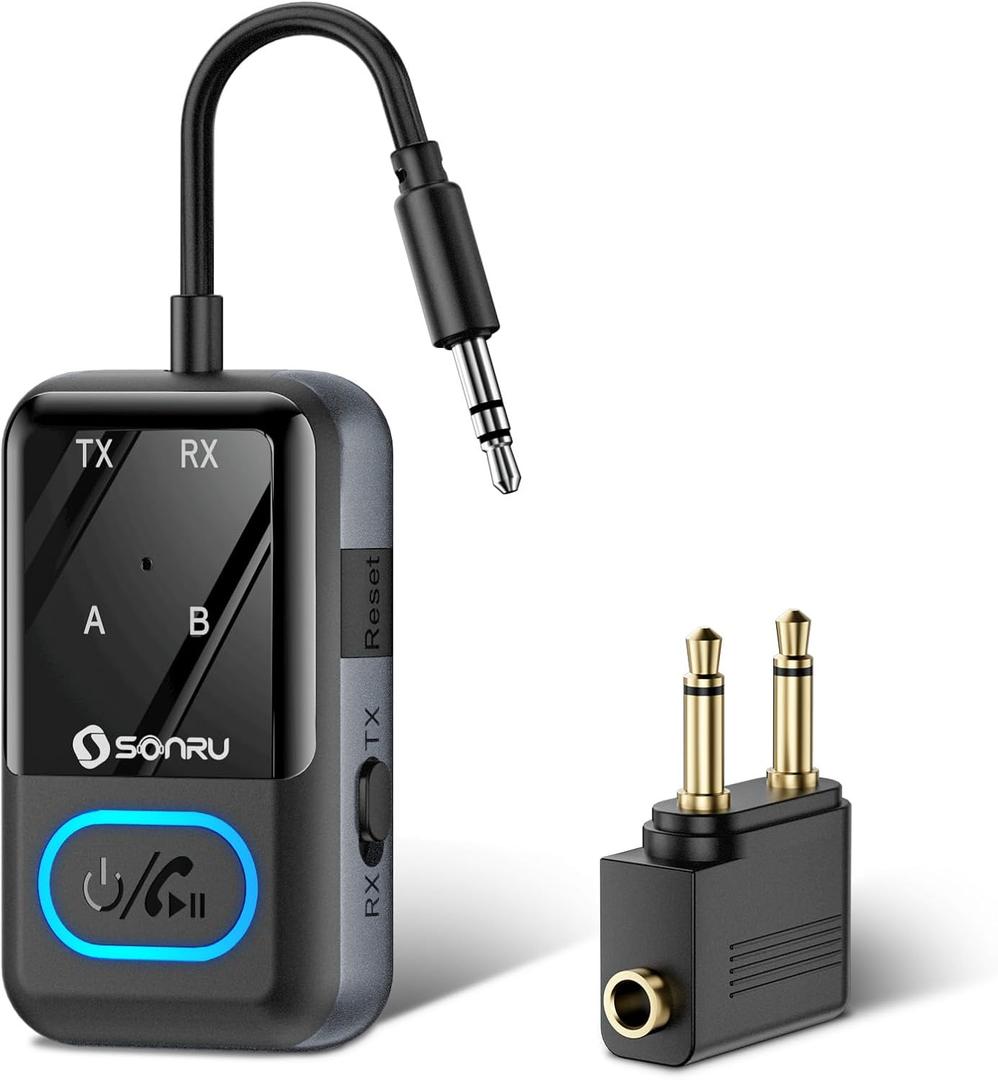 Bluetooth 5.3 Transmitter Adapter for Airplane 2-in-1 Wireless Bluetooth Audio Transmitter Receiver for 3.5mm Aux Jacks on Flight/TV/Gym Equipment, for up to 2 Wireless Headphones, Cell Phones (black)