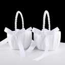 ATAILOVE 2 Wedding Flower Girl Baskets with Pearl Handle, Satin Bowknot Flower Baskets for Flower Girl Pearl Collection - White
