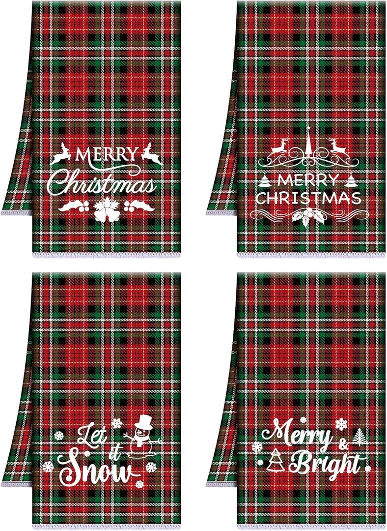 Mindsoft 4 Pack Christmas Tartan Hand Towels Merry Christmas Tartan Plaid Towels Kitchen Dishtowels Absorbent Dish Rapid Drying Hand for Xmas Bathroom Kitchen Decor Holiday Housewarming Gift