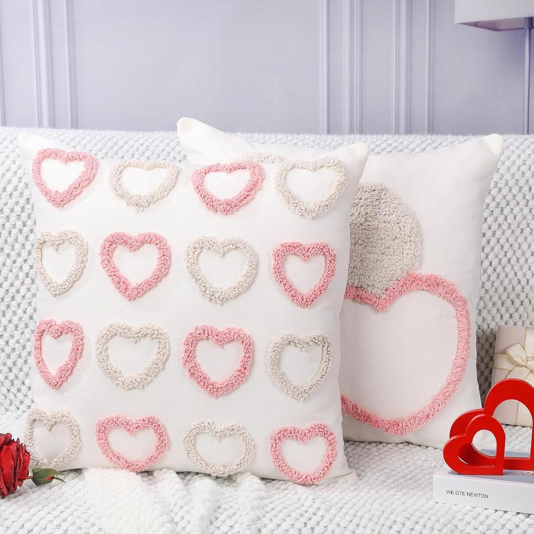 2 PCS Valentines Day Hearts Throw Pillow Covers 18 x 18 Inches Square Beige Pink Heart Linen Embroidered Cushion Cases Soft Decor for Sofa Bed Couch Living Room Home Couple Present Valentine Gift