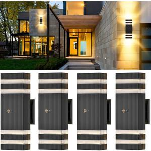 Dusk to Dawn Sensor Outdoor Wall Light, Modern Up Down Exterior Lighting Fixtures Wall Mount, Black Aluminum Outdoor Lights for House Waterproof Porch Light 2-Pack