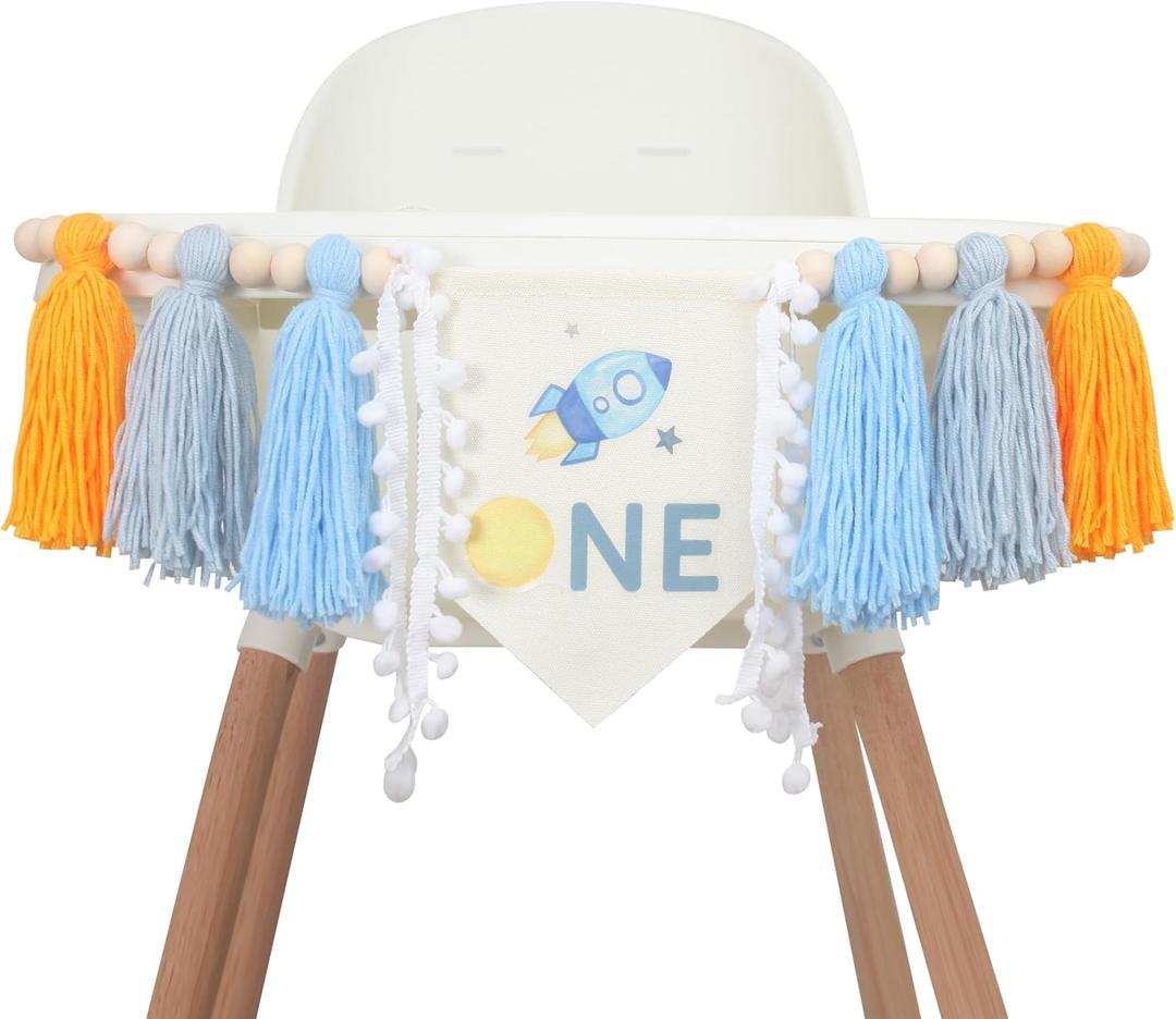 Outer Space High Chair Tassels BannerPlanets Astronaut Rocket 1st Birthday Decorations,Space First High Chair One Banner Party Decor,First Trip Around Sun