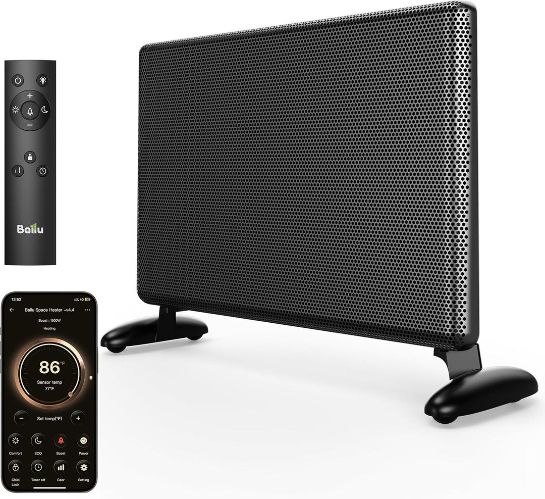 Ballu Mica Infrared Space Heater Large Room, Panel Heater with Programmable Thermostat, WiFi App Control, Portable Stand or Wall Mount, Energy Efficient Smart Quiet Heater, Work with Alexa, Black