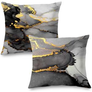 Black Grey and Gold Marble Texture Pillow Covers 22"x22" Double-Sided, Abstract Modern Decorative Throw Pillow Covers for Living Room Bedroom, Modern Home Decor, Black and Gold Decor, Set of 2