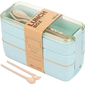 Rarapop Green Stackable Bento Lunch Box Kit, 3-In-1 Compartment Wheat Straw Lunch Containers with Tableware, Reusable On-the-Go Meal and Snack Containers