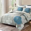 Yiran 7 Pieces Bed in a Bag Blue Floral Comforter Set Queen Size Flowers Comforter Set Soft Microfiber Bedding Set (1 Comforter 1 Flat Sheet 1 Fitted Sheet 2 Pillowshams 2 Pillowcases)