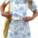 TCOT Pajamas for Women Set Summer Fashion Short Sleeve Crewneck Tops with Skirt Sets Pajama Casual Loungewear (X-Large, B White Blue Floral)