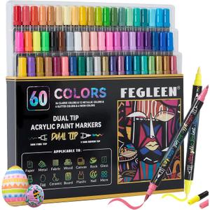 60 Colors Acrylic Paint Markers,Dual Tip Acrylic paint Pens Contain 12 Metallic Colors 6 Glitter and 6 Neon Markers for Rock Painting,Egg,Wood,Glass,Canvas,Ceramic,Crafts,Art Supplies