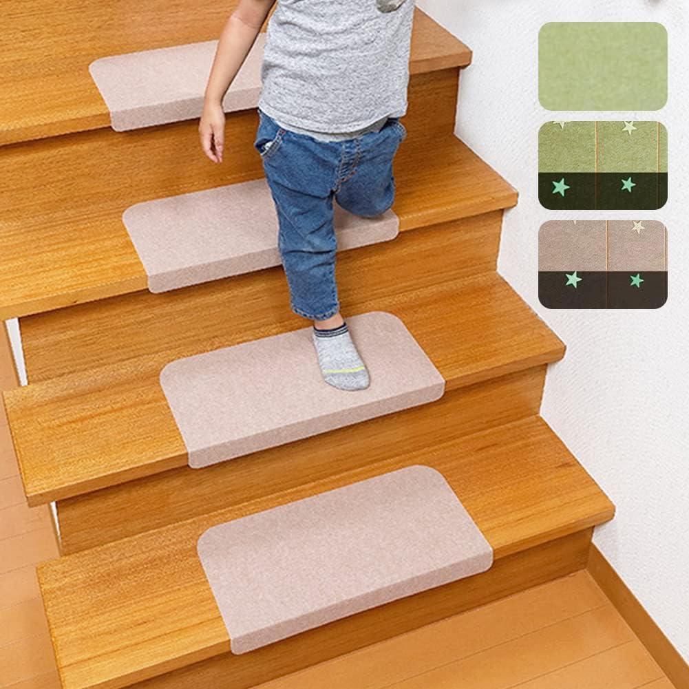 Carpet Stair Treads Indoor for Hardwood Floor 4 PCS Washable Anti Slip Stair Mats with Bullnose Beige, Non-Slip Vacuum Tech Stair Pads for Pets and Family Removable