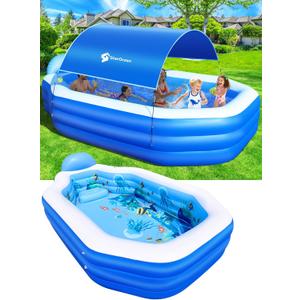 StarOcean Inflatable Pool with Canopy, Large Inflatable Swimming Pool for Kids,Adult, Blowup Pools with Seats,Backrest.Durable Thickened Inflatable Family Pools for Backyard,Dark Blue-120"x75"x20"