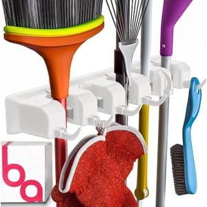 EXTRA GRIP Mop & Broom Holder Wall Mount - Wall Hanging Garden Tool & Utility Closet Organizer, Mop & Broom Hook, Broom Hanger Wall Mount, Mop Broom Organizer, Wall Mounted Broom Rack Mop Storage (1 Pack, White)