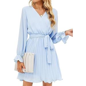BBX Lephsnt Women’s Summer Casual Wedding Guest Dress Long Puff Sleeve V Neck Pleated Ruffle Flowy Belted Mini Dress, M