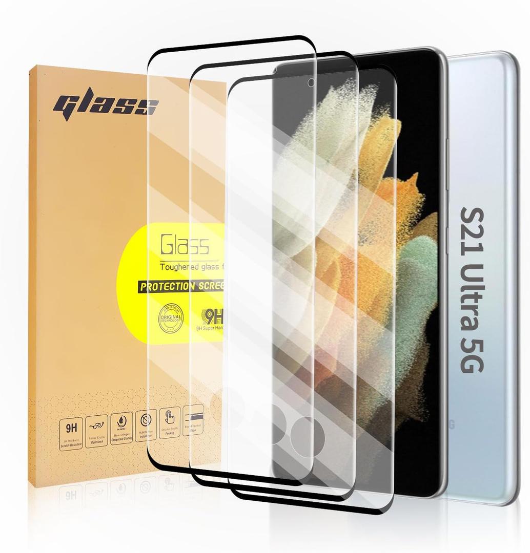 3 Pack Curved Tempered Glass Screen Protector Applicable for Samsung Galaxy S21 Ultra 5G 6.8inch, Support Fingerprint ID Friendly Tempered Glass Screen Protective, HD Clear Scratch Resistant Suitable