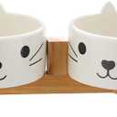 3 Pcs Ceramic Cat Food and Water Bowl with Wooden Stand Set Cute Modern Pet Feeding Bowls for Indoor Cats Dog Feeder Small Pet Dish (Beige,13.5 oz)