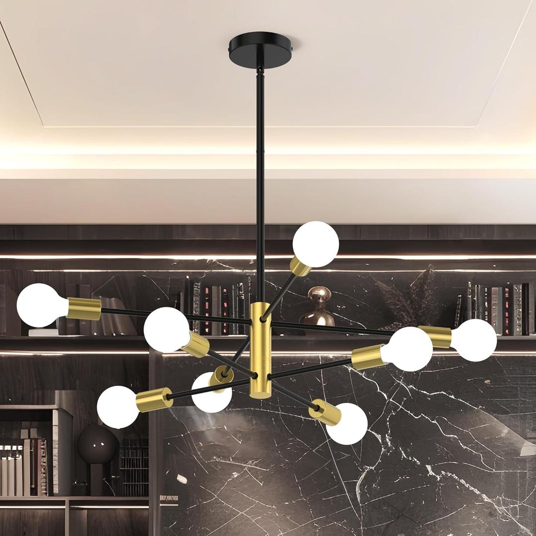 Sputnik Chandelier 8-Light, Mid Century Modern Height Adjustable Ceiling Light Fixture for Dining Room, Kitchen Island, Living Room,Bedroom-Black and Gold