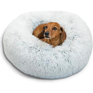 Best Friends by Sheri Original Calming Donut Dog and Cat Bed, Shag Faux Fur, Frost Gray, (23in x 23in) - Anxiety Relief for Pets Up to 25 lbs (Small)