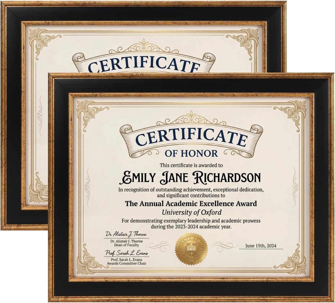 Lavezee Certificate Frames 2 Packs, Black & Gold 8.5 x 11 Graduation Frame with Shatter-Resistant Cover, 8.5 by 11 Picture Diploma Document Degree Frames for Wall and Tabletop