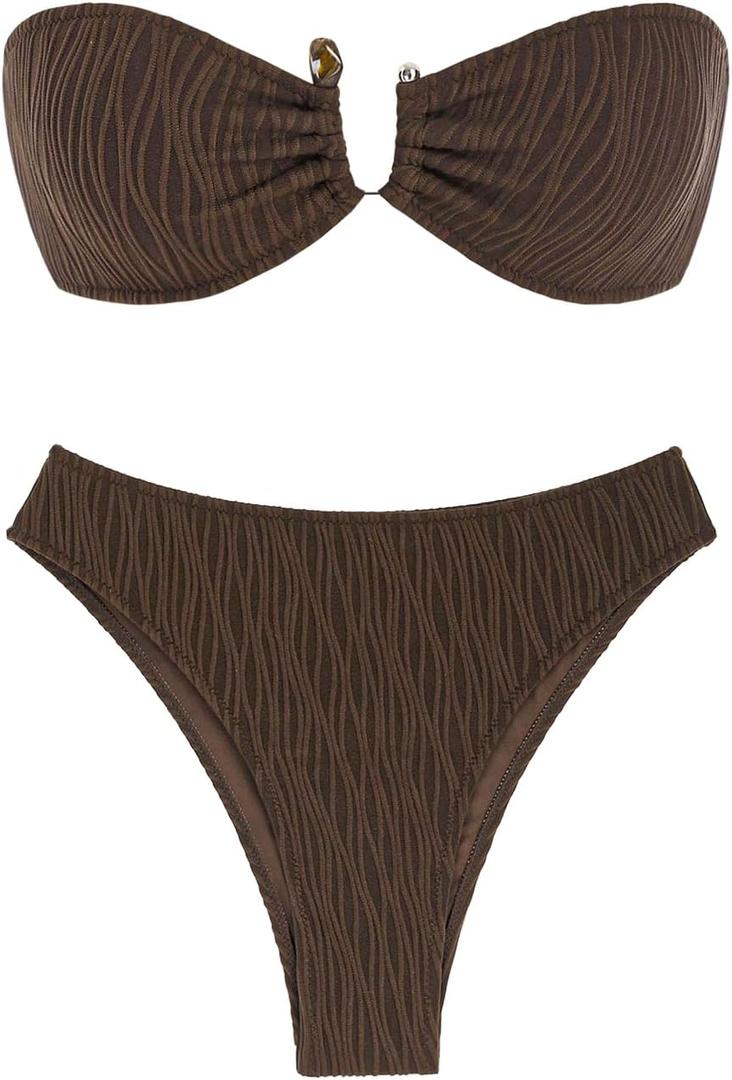 ZAFUL Women's Strapless Ribbed V Wired Lace Up Ruffle Tie High Cut Bandeau Swimsuits Bikini Set (11-deep Coffee)