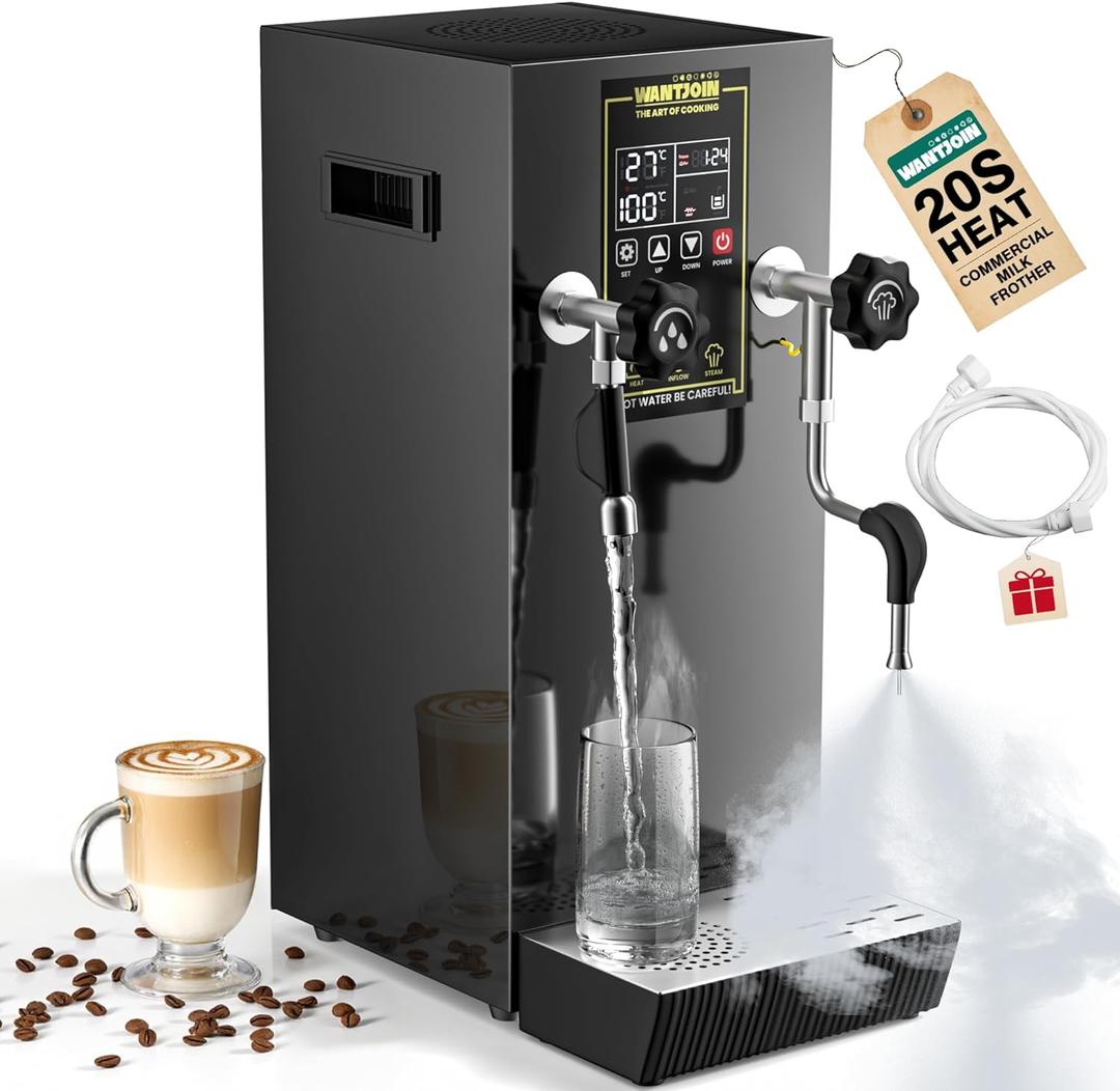 WantJoin Commercial Milk Frother - Multi-functional Milk Steamer Machine Hot Water Dispenser Beverage Heater with LED Display Panel for Latte Cappuccino Coffee Milk Tea Foam Hotel 1800W (Black)