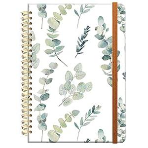 Ruled Spiral Writing Notebook, A5 Hardcover Lined College Journal for Women Lady Girl, Cute Eucalyptus Flower Strong TwinWire Binding with Premium Paper, 8.4 X 6, Perfect for School, Office, Home
