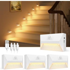 VOLISUN Motion Sensor Stair Light Rechargeable 4 Pack, Night Lights 3 Modes & 3 Color Temperatures, Magnetic Rechargeable Stick-On Lights for Stairs, Hallway, Cabinet(White)